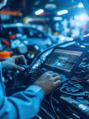 Fototapete - A mechanic uses a laptop for diagnostics while working on engine repairs in a bustling auto repair workshop during evening hours. Generative AI
