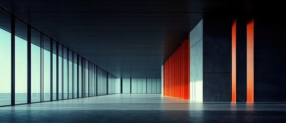 Wall Mural - Modern interior showcasing sleek lines and bold red accents, featuring expansive glass windows and a minimalist aesthetic.