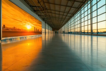 Wall Mural - Modern interior space with large windows and stunning sunset reflection on the floor, showcasing architectural beauty and tranquility.
