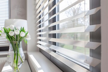 white Wooden blinds with sunlight.
