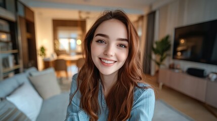 Selfie picture of a happy young pretty millennial woman smiling at the camera in the living room in a modern home