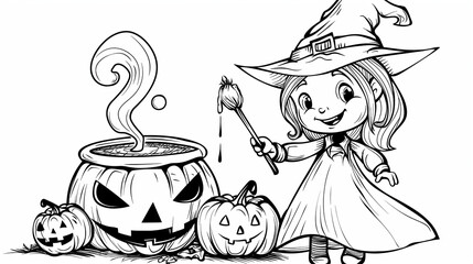 Halloween happy witch and cauldron, black and white coloring page