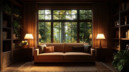 A living room with a couch, two lamps, and a potted plant. The room is dimly lit, creating a cozy and relaxing atmosphere