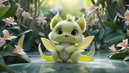 Amine character Fairy tale Smile soft green Smile Monstara look like bird cat  and sweet fruit