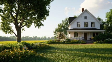 Wall Mural - A white house with a porch and a tree in front of it. The house is surrounded by a lush green field