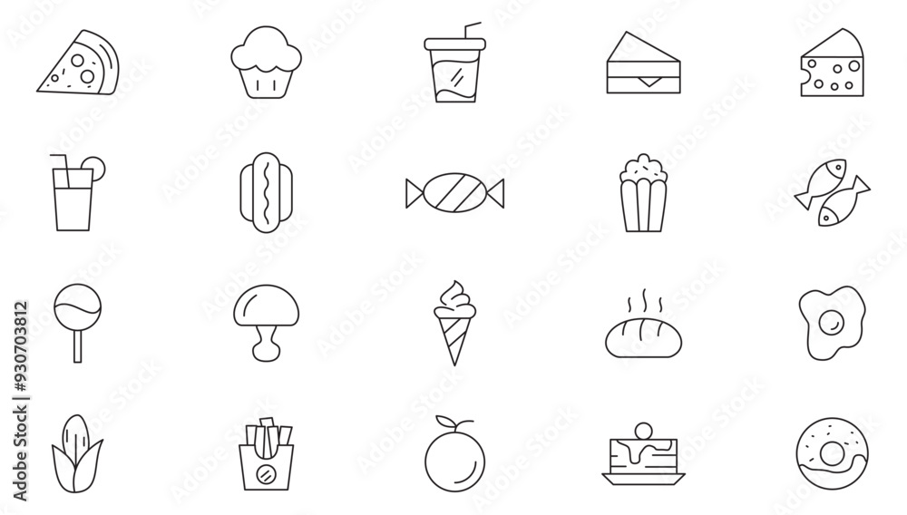 Food line icon collection. Fast food, drinks, bar, restaurant, meal, fruits, eat, coffee and healthy food icon set. UI outline icons pack.