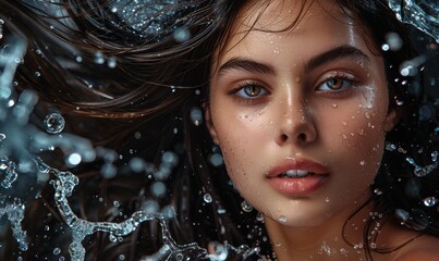 Wall Mural - Close-up of a brunette woman with wet hair, blue eyes, and glowing skin, surrounded by water droplets. Free copy space for text.