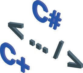 Sticker - 3d render illustration of c sharp, c plus plus and other programming language signs floating in digital space