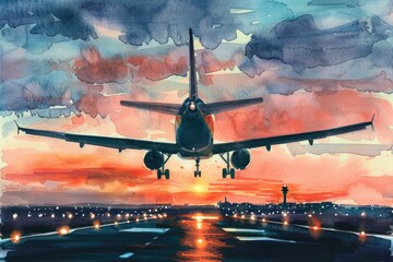 Canvas Print - Aircraft departing from runway, illustration of flight and travel