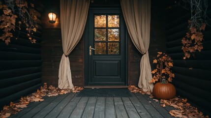 Wall Mural - A black door with a gold handle and a window. The door is surrounded by curtains and leaves