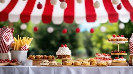 A table with a variety of desserts and a red and white striped canopy. The desserts include cakes, pies, and donuts