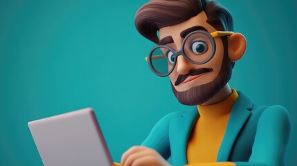 Wall Mural - 3D Cartoon Closeup of a Stylish Guy Working on a Laptop Secretly