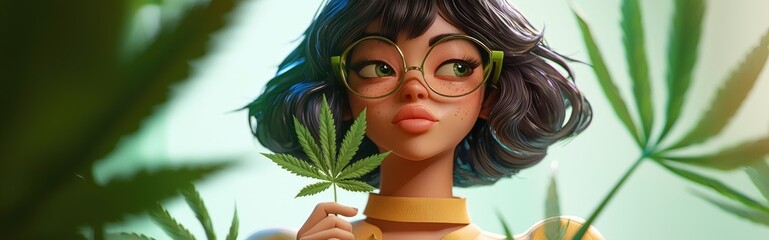 3D Cartoon Girl Clutching a Cannabis Leaf on Her Chest