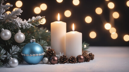 Wall Mural - white candle flame and blue bauble on background with bokeh lights