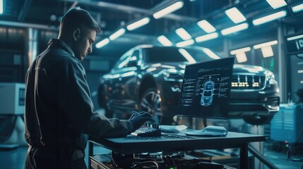 Poster - A mechanic is using a computer to diagnose issues and repair the engine of a car inside a well-equipped auto repair shop. Generative AI