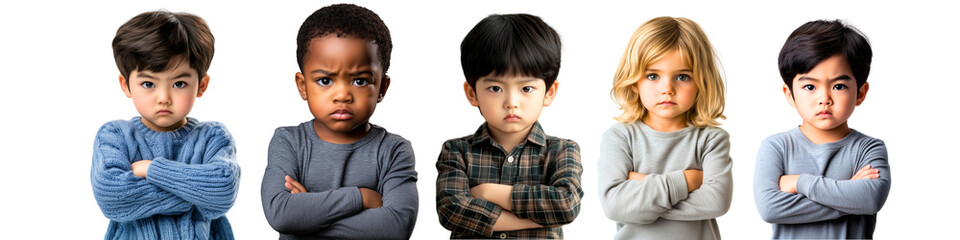 gang of pissed off kids; group of angry multicultural children with crossed arms isolated on white background; 