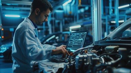 Aufkleber - A mechanic uses a laptop to conduct a diagnostic on a car while working on engine repairs in a modern garage during evening hours. Generative AI