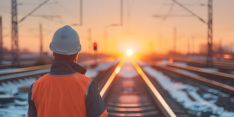 Engineer under inspection and checking the construction process of the railway switch and check the work on the railroad station.Engineer wearing safety uniform and safety helmet