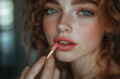 © Creative Valley - Mirror reflection: woman in 20s applies pink lipstick, determined look. Breast Cancer Awareness
