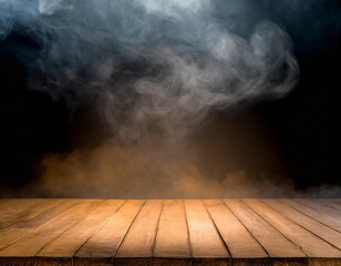 empty, weathered wooden table stands alone against a dark, shadowy backdrop, with wisps of smoke curling upward, creating an eerie, atmospheric effect that enhances the mysterious, abandoned ambiance