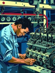 Poster - A mechanic is performing computer diagnostics and working diligently on an engine repair in a busy automotive workshop. Generative AI