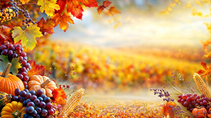 Poster - Autumn Harvest with Pumpkins, Grapes, and Vibrant Foliage in a Sunny Meadow. Autumn decorations