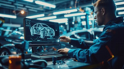 Fototapete - A mechanic is conducting a computer diagnostic on a car while working on engine repairs in an auto shop filled with vehicles. Generative AI