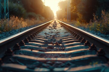 Poster - A train track with the sun setting in the background