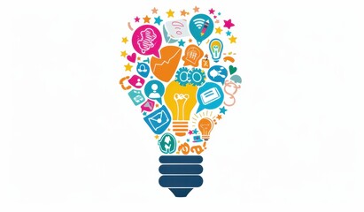 A light bulb with colorful doodles of marketing icons emerging from it, representing creative ideas and digital online marketing Generative AI