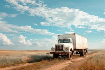 Wall Mural - A white truck travels down a dusty dirt road