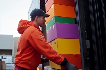 Wall Mural - A worker loading colorful boxes into a truck.