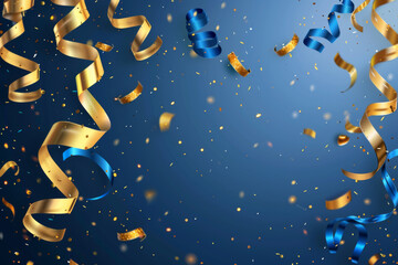 Golden confetti and ribbons falling on blue background