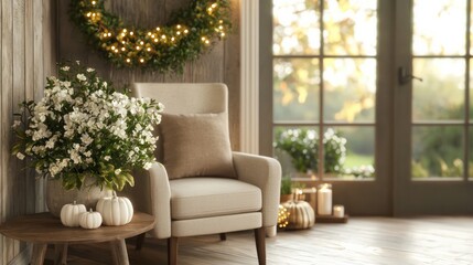 Wall Mural - A chair is in front of a window with a wreath on the wall. The chair is white and has a pillow on it. There are also some pumpkins on a table. The room has a cozy and welcoming atmosphere