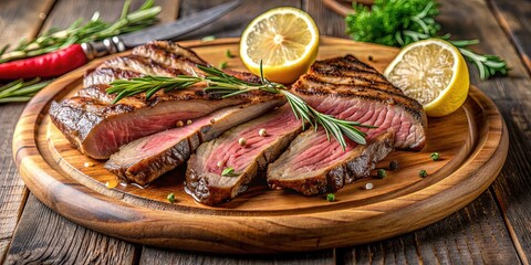 Juicy grilled flank steak slices served on a rustic wooden platter with fresh rosemary and lemon, against a warm natural light background.