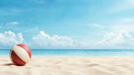 A red and white beach ball sits on the sand near the ocean. The beach ball is the only object in the scene, and the ocean is in the background. Concept of relaxation and leisure