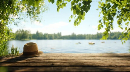 Aufkleber - A straw hat is sitting on a wooden dock by a lake. The hat is facing the water and the surrounding trees. The scene is peaceful and serene, with the hat adding a touch of whimsy to the landscape