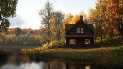 Aufkleber - A small cabin is surrounded by trees and a lake. The cabin is brown and has a chimney. The scene is peaceful and serene, with the water reflecting the trees and the cabin