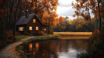 Aufkleber - A house with a porch and a small pond in front of it. The house is surrounded by trees and the pond is filled with leaves