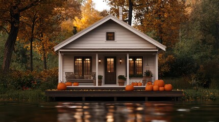 Aufkleber - A small white house with a porch and a dock. The porch has a few chairs and a potted plant. The house is surrounded by trees and there are pumpkins on the porch. Scene is cozy and inviting