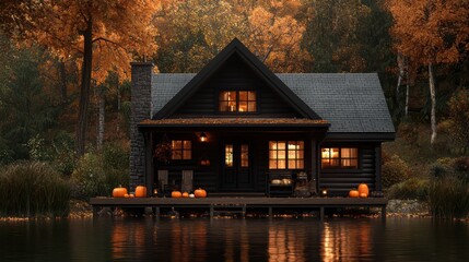 Aufkleber - A house with a porch and a dock. The porch has a few chairs and a bench. The house is surrounded by trees and has a lake in the background. The house is lit up with lights, giving it a cozy