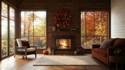 Wall Mural - A cozy living room with a fireplace and a wreath on the mantle. The room is decorated with autumn colors and has a warm and inviting atmosphere