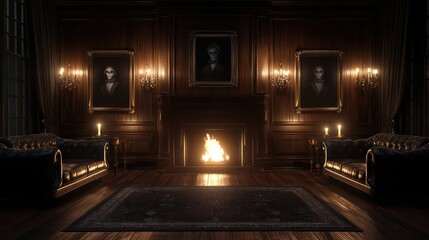 Wall Mural - A room with a fireplace and three portraits on the wall. The room is dimly lit and has a cozy atmosphere