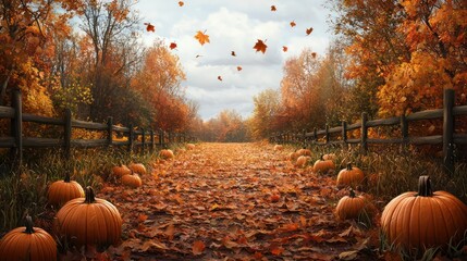 Aufkleber - A path with a fence and a lot of leaves and pumpkins