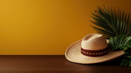 Aufkleber - A straw hat is on a table next to a leafy green plant. The hat is brown and has a red band around it. The image has a warm, tropical feel to it, with the hat and plant suggesting a sunny