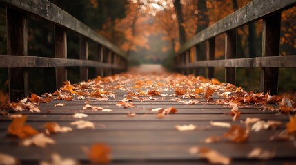 Aufkleber - A bridge with a wooden railing and leaves on the ground. The leaves are scattered all over the bridge, creating a beautiful and serene atmosphere. Concept of tranquility and peacefulness