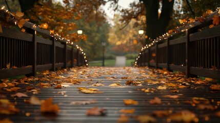 Aufkleber - A bridge with a walkway covered in autumn leaves. The leaves are scattered across the walkway, creating a beautiful and serene atmosphere. The bridge is lit up with lights, adding a warm