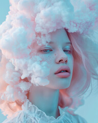 Wall Mural - Ethereal portrait of a woman with a soft pink cloud-like headpiece. Dreamy and surreal fashion concept with pastel tones and delicate features.