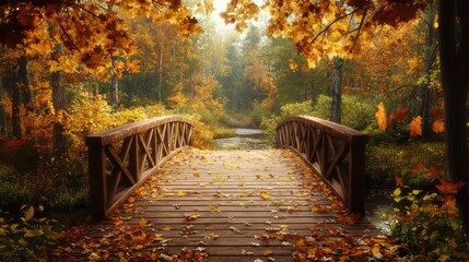 Aufkleber - A bridge over a river with a beautiful autumn scene. The leaves on the trees are changing colors, creating a warm and inviting atmosphere. The bridge itself is made of wood