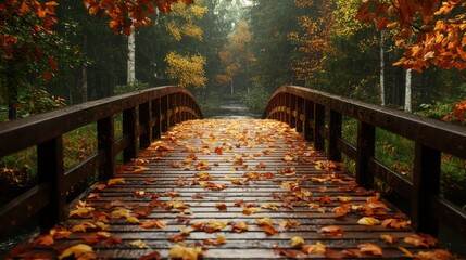 Aufkleber - A bridge with a wooden railing and leaves on the ground. The leaves are orange and brown, and they are scattered across the bridge