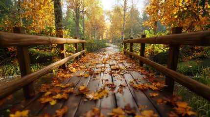 Aufkleber - A wooden bridge with a path of leaves on it. The leaves are falling from the trees and are scattered across the bridge. The scene is peaceful and serene, with the leaves creating a natural